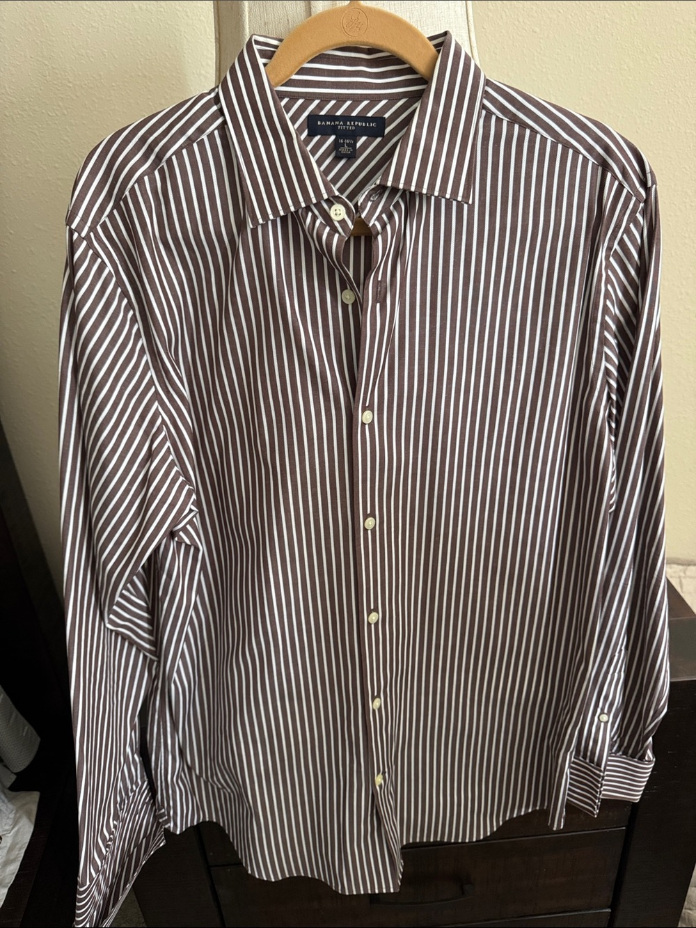 Banana Republic Men's Brown and White Striped Dress Shirt